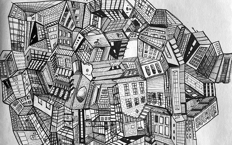 Ronnie Kommene drawing of city in strange dimensions 